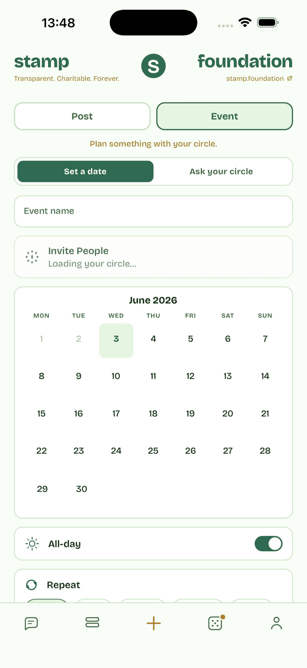 Creating an event: title, time, location, invite a circle.