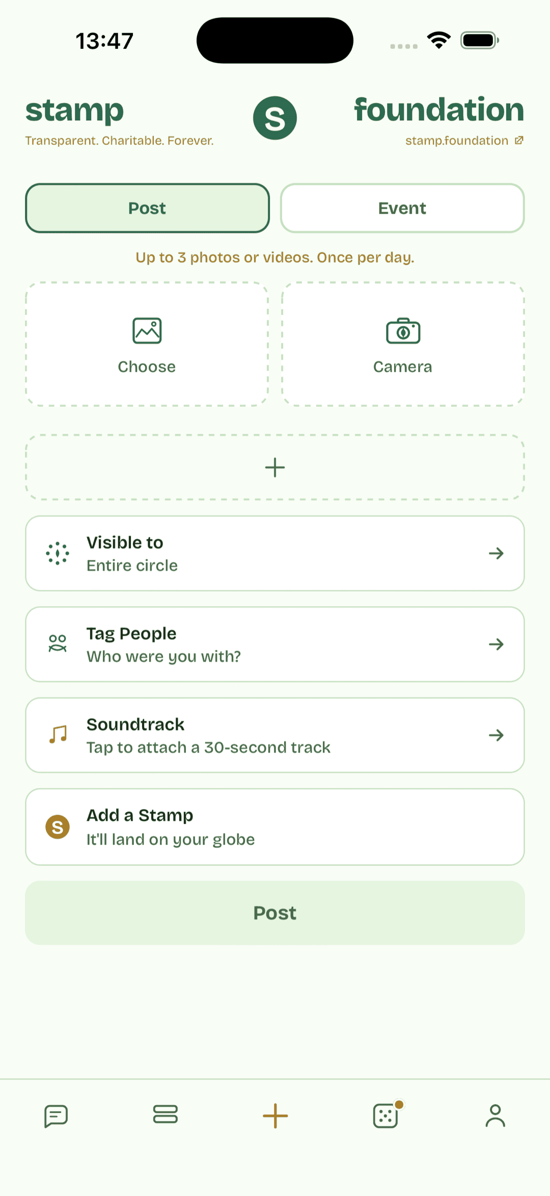 Composing the day's Stamp: up to ten photos or short videos, a caption, an optional place.