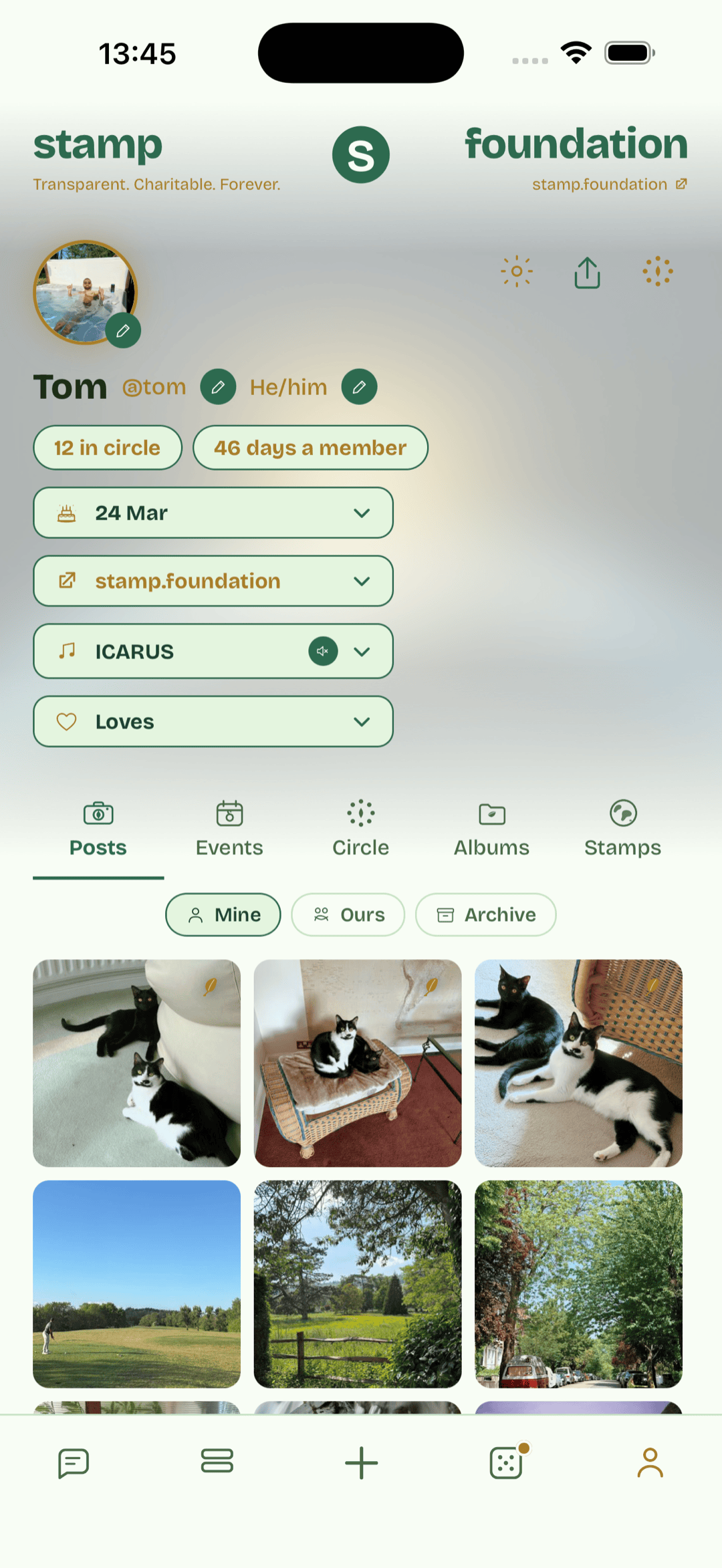 Profile screen with name, day count, soundtrack pill, posts grid.