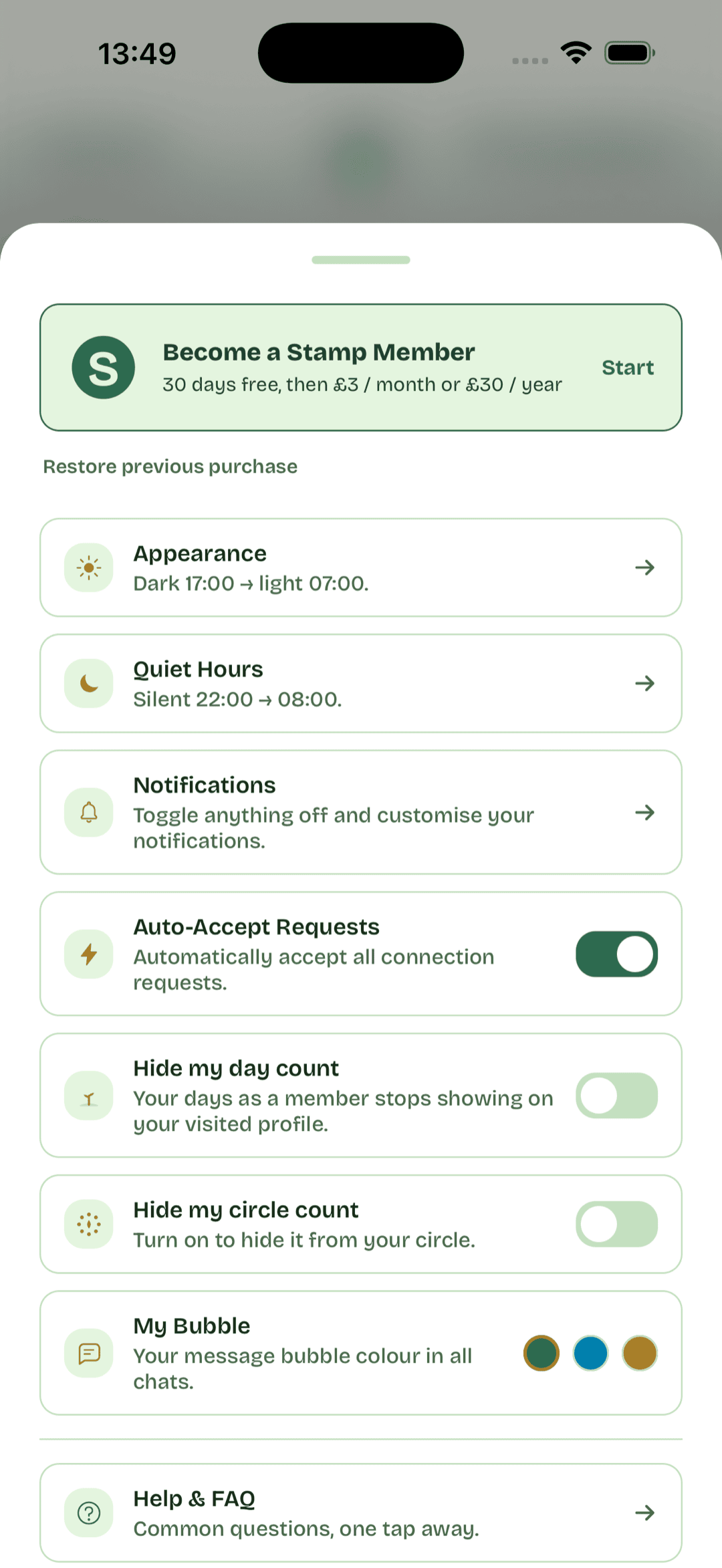 Settings: notifications, privacy, theme, account.