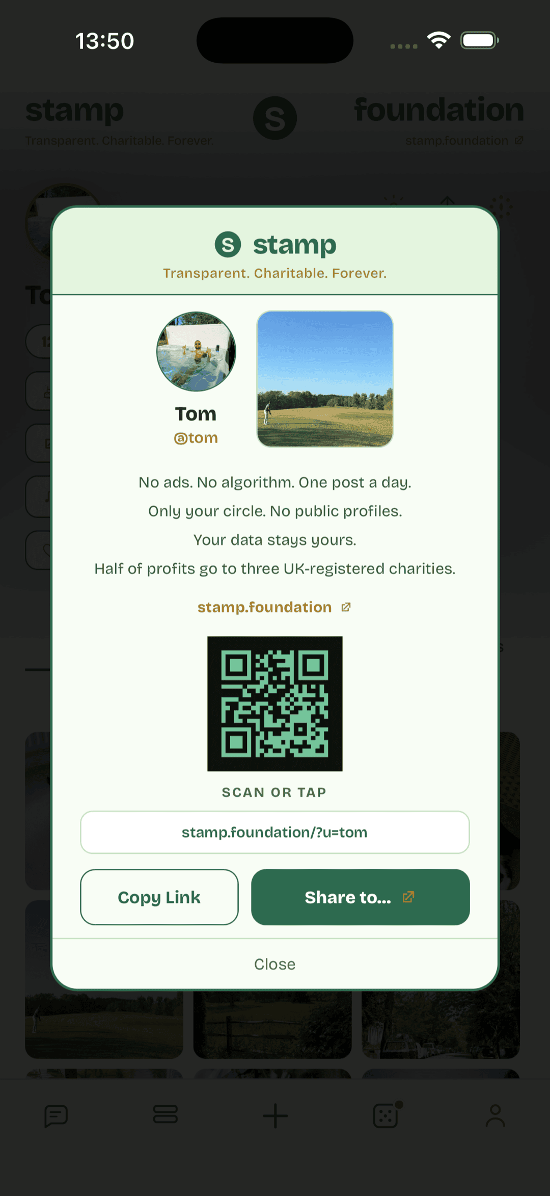 Stamp share card: a printable, AirDroppable stamp with the user's handle and QR.